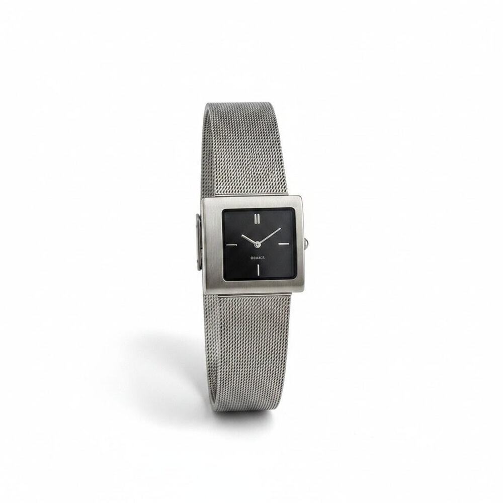 Womens Watch Black Dial Square Case Silver Mesh Bracelet Quartz Analog